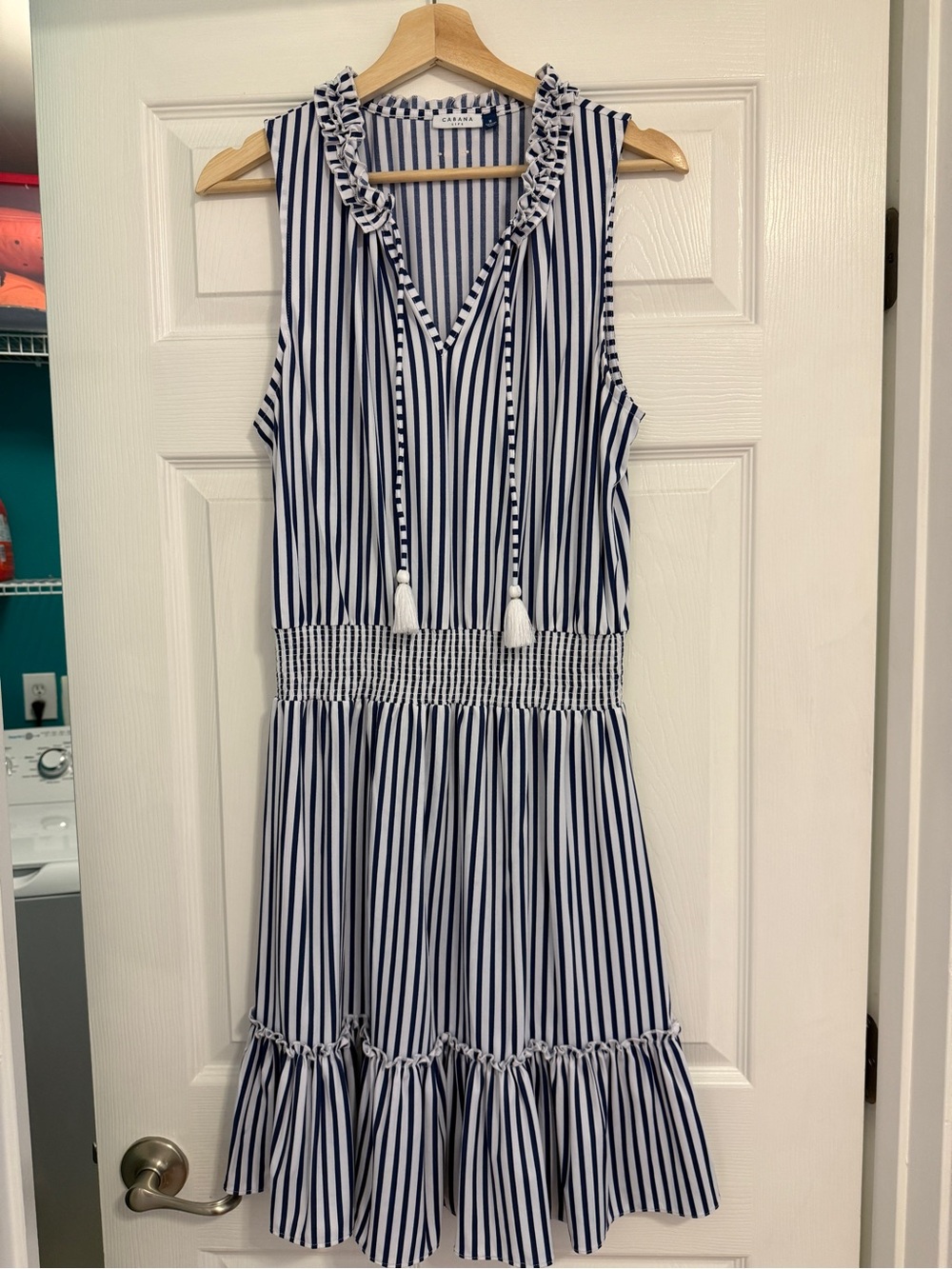 LIKE NEW Cabana Life Striped Navy & White Sleeveless Smocked Waist Dress